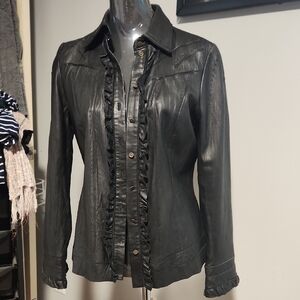 Peter Nygard Black Leather Jacket with Ruffle Trim